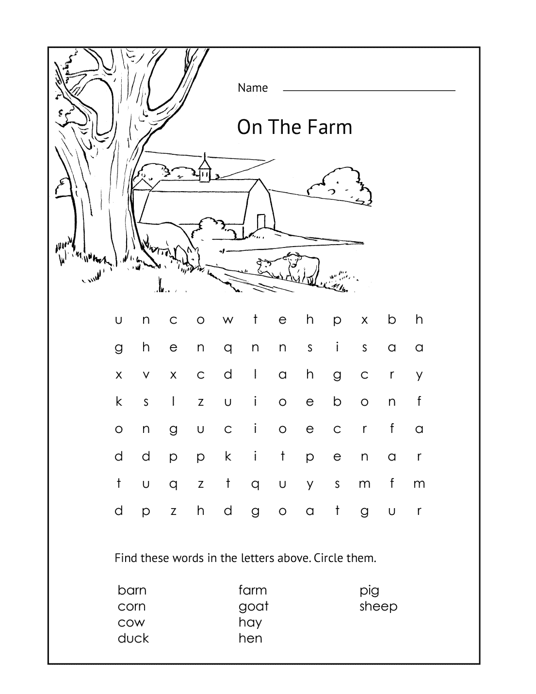 1st Grade Farm Word Search Worksheet