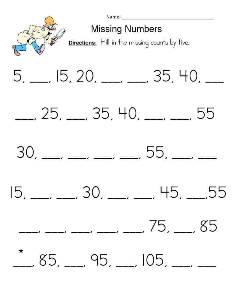 1st Grade Math Worksheet - Missing Numbers by 5