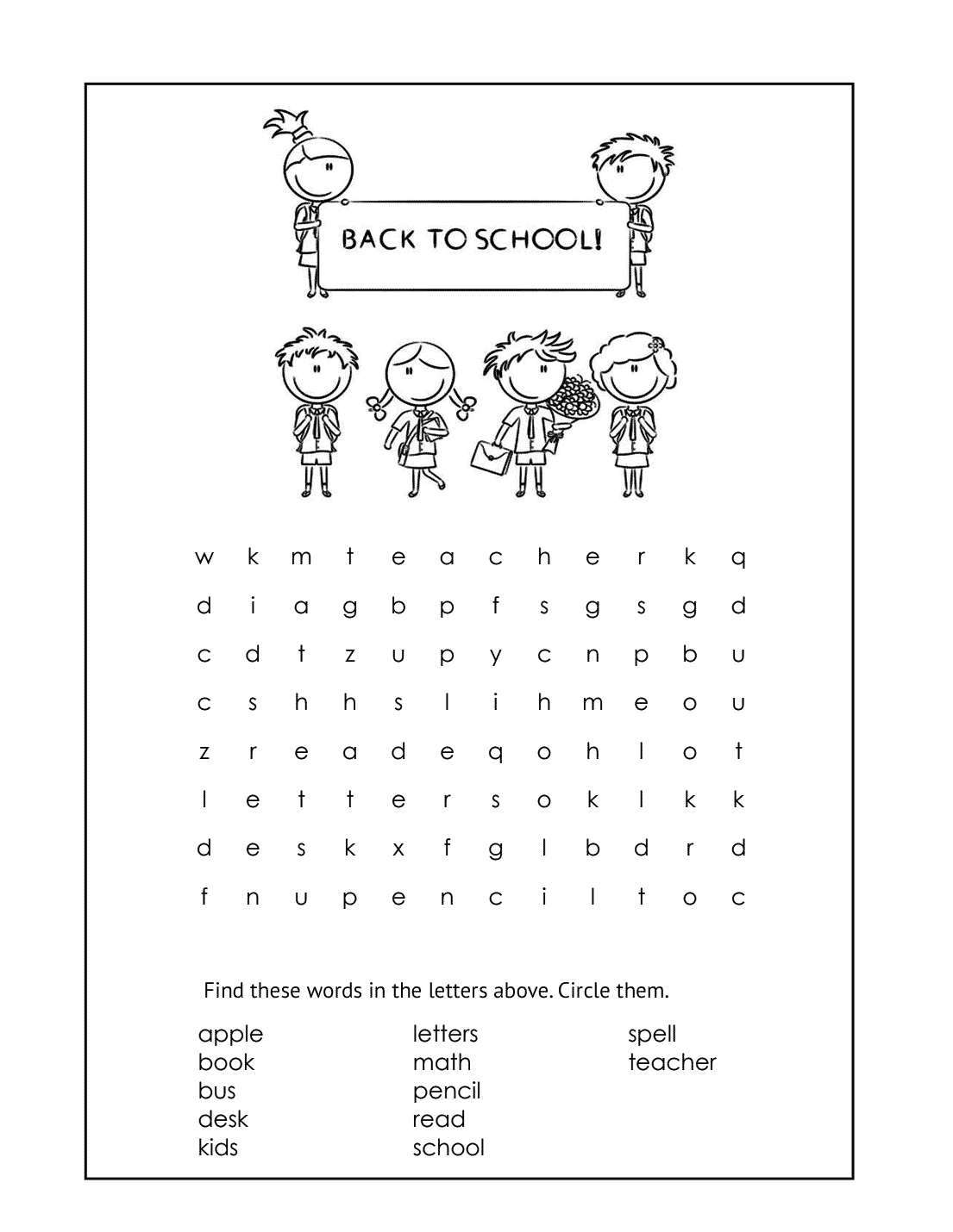 1st Grade School Word Search Worksheet