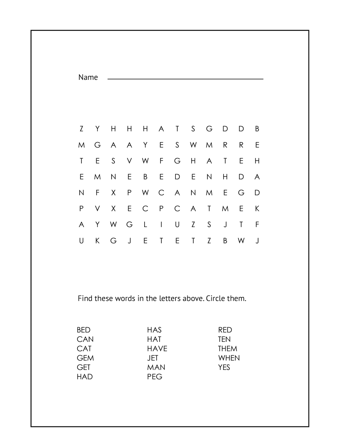 1st Grade Word Search 1