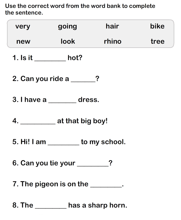 1st Grade Worksheets - Word Bank Sentences