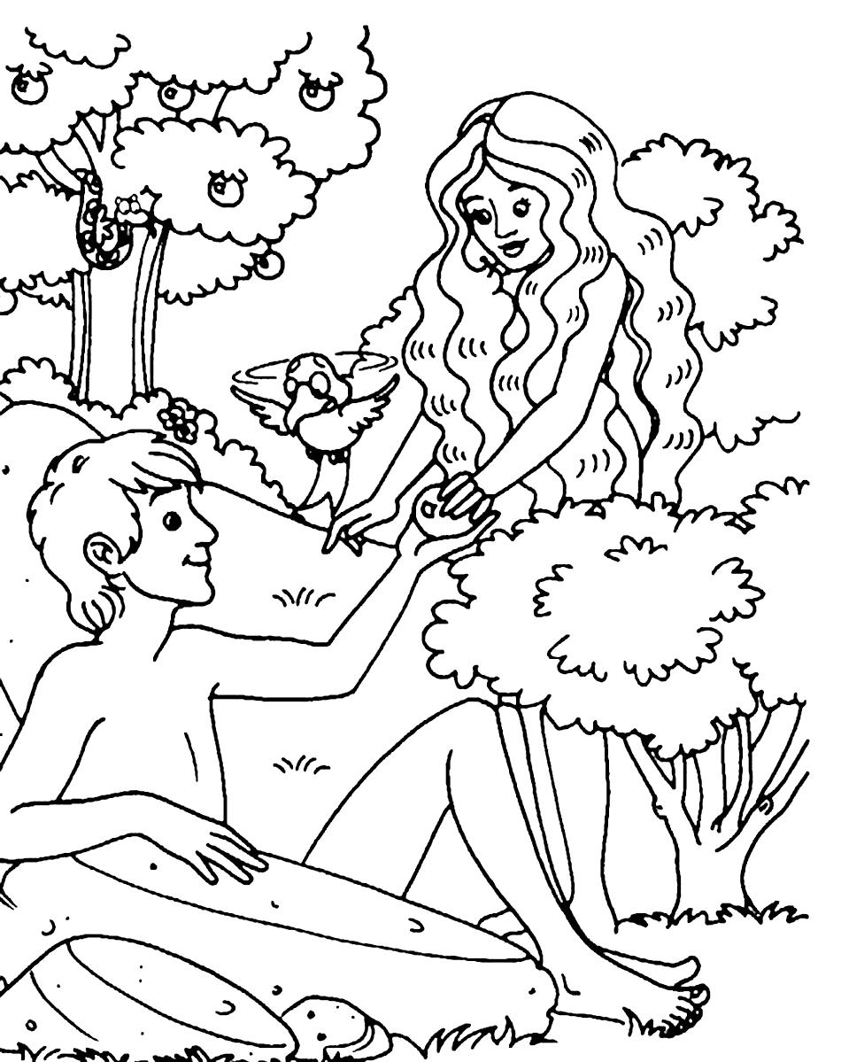 Adam and Eve Eat the Apple Coloring Page