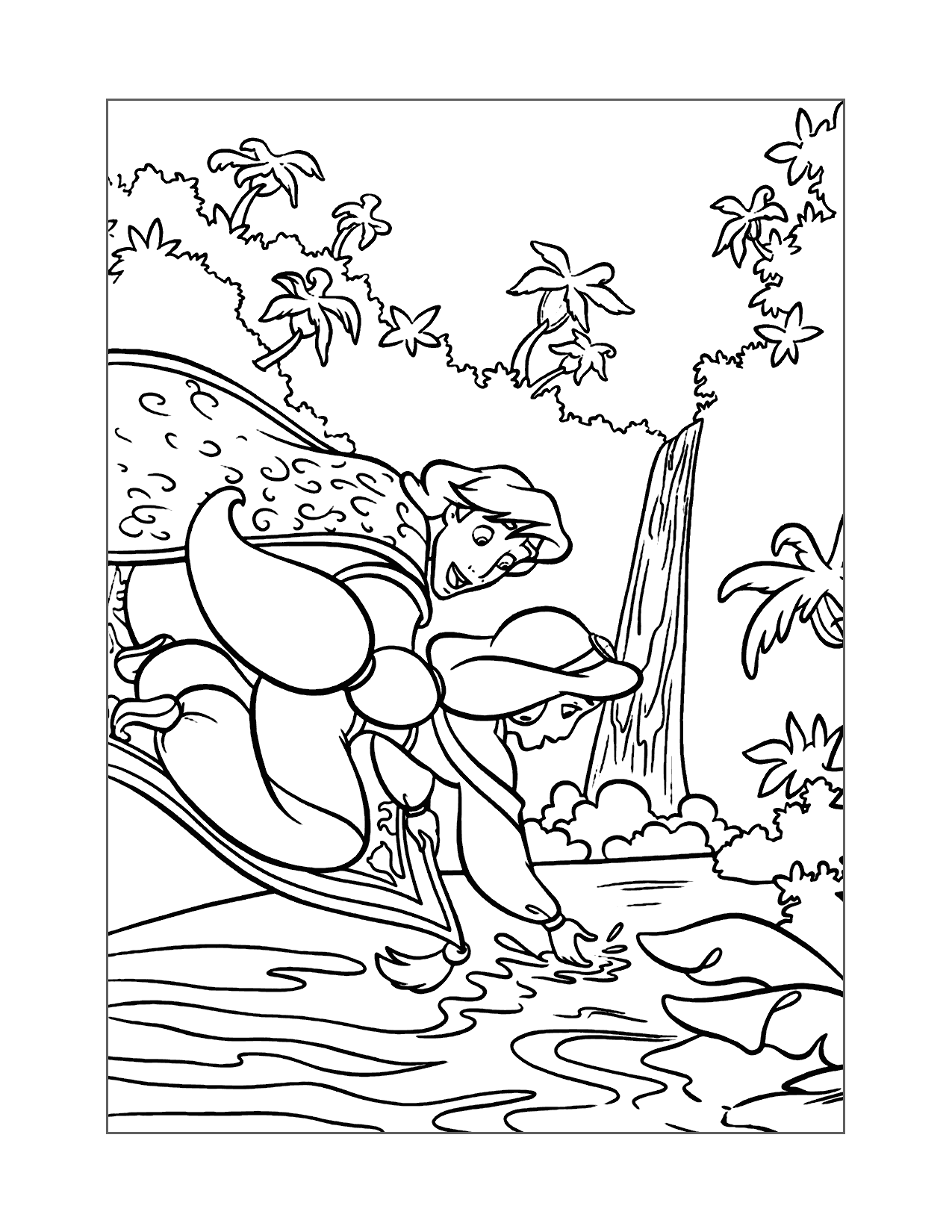 Aladdin And Jasmine Riding By Waterfall Coloring Page