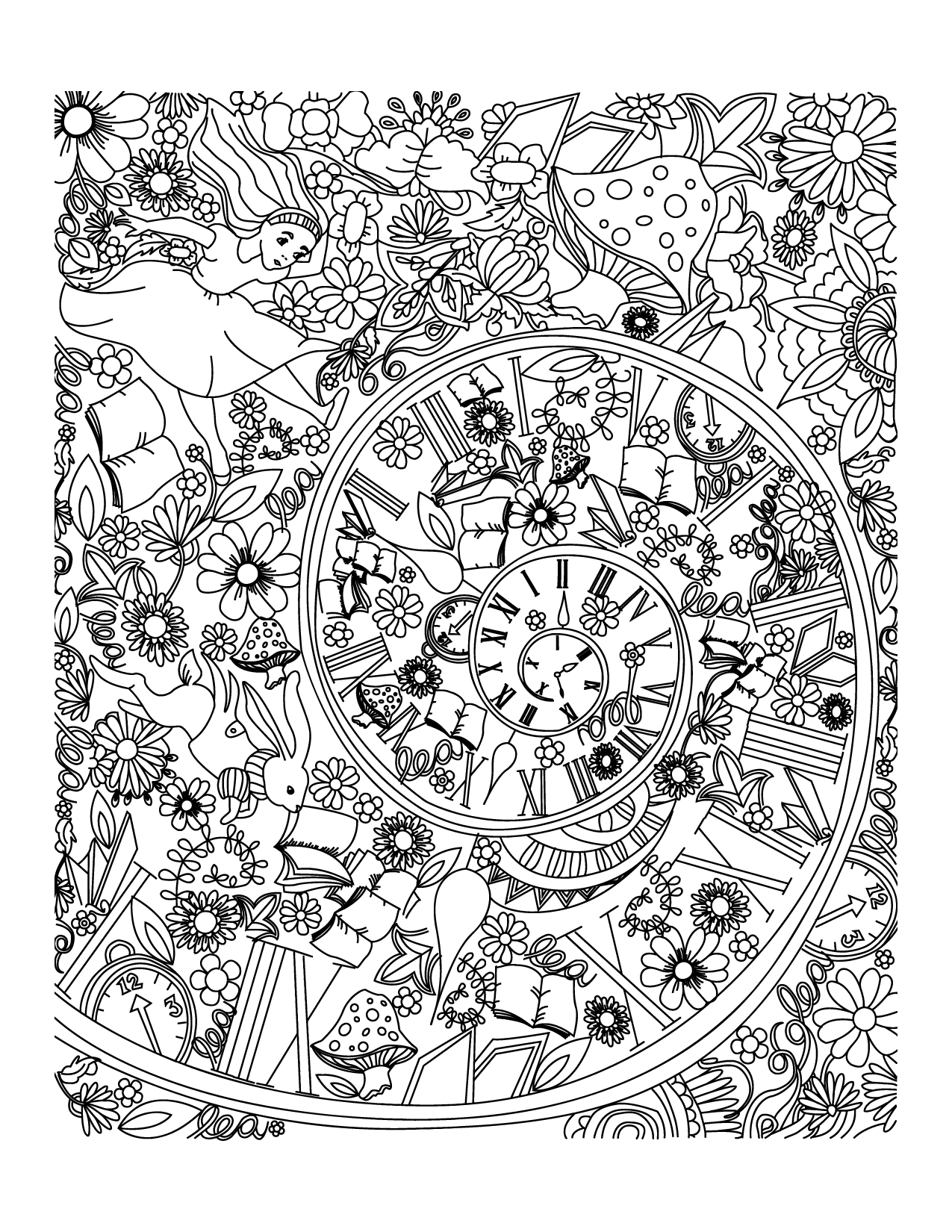 Alice In Wonderland Down The Rabbit Hole Coloring Page