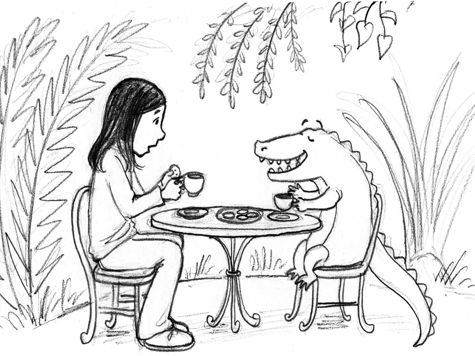 Alligator Tea Party Coloring Page