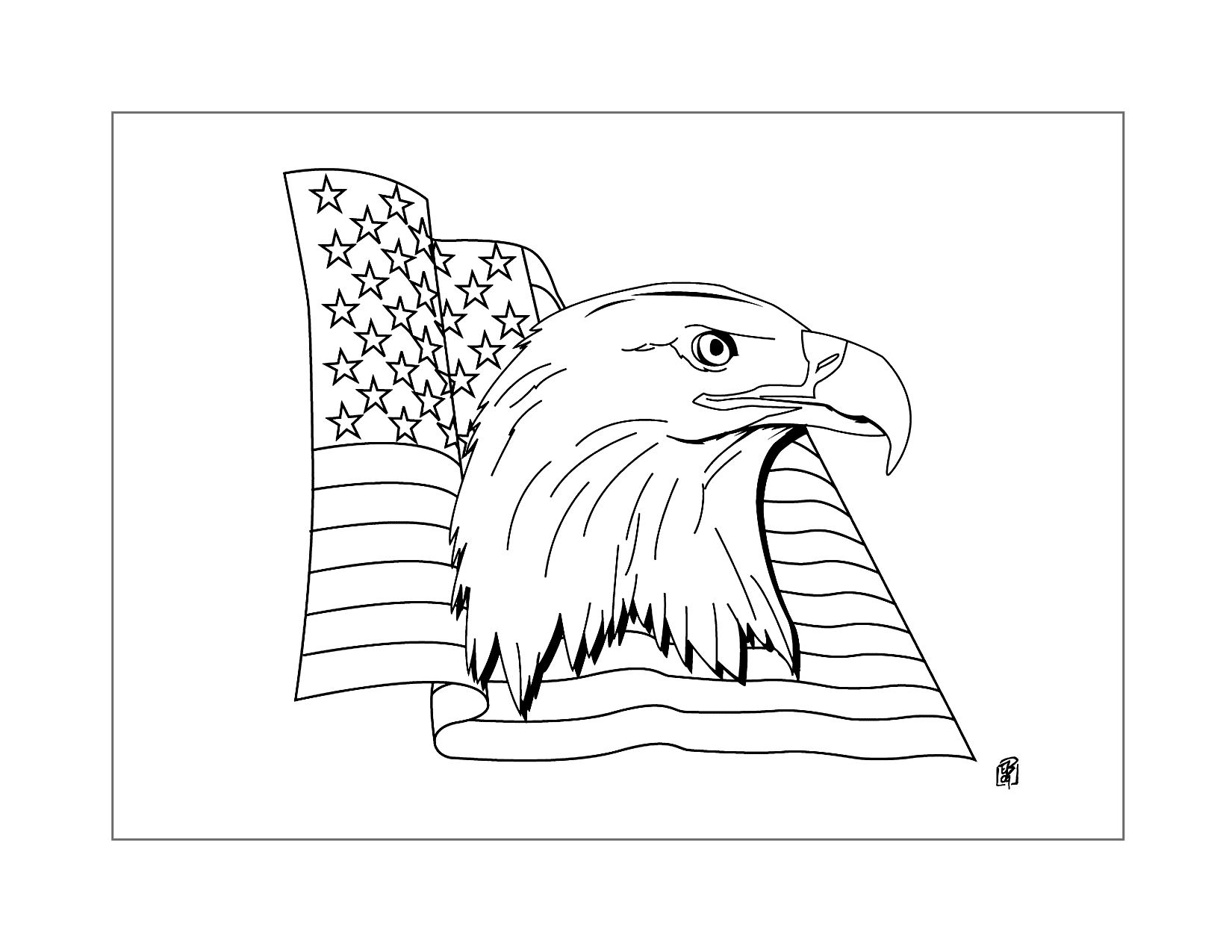 American Flag And Eagel Head Coloring Page