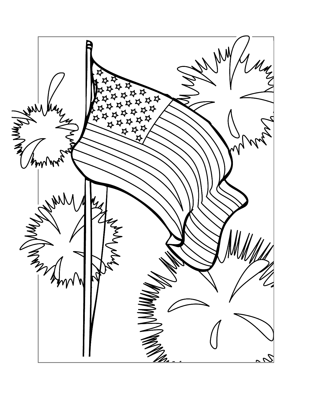 American Flag And Fireworks Coloring Page