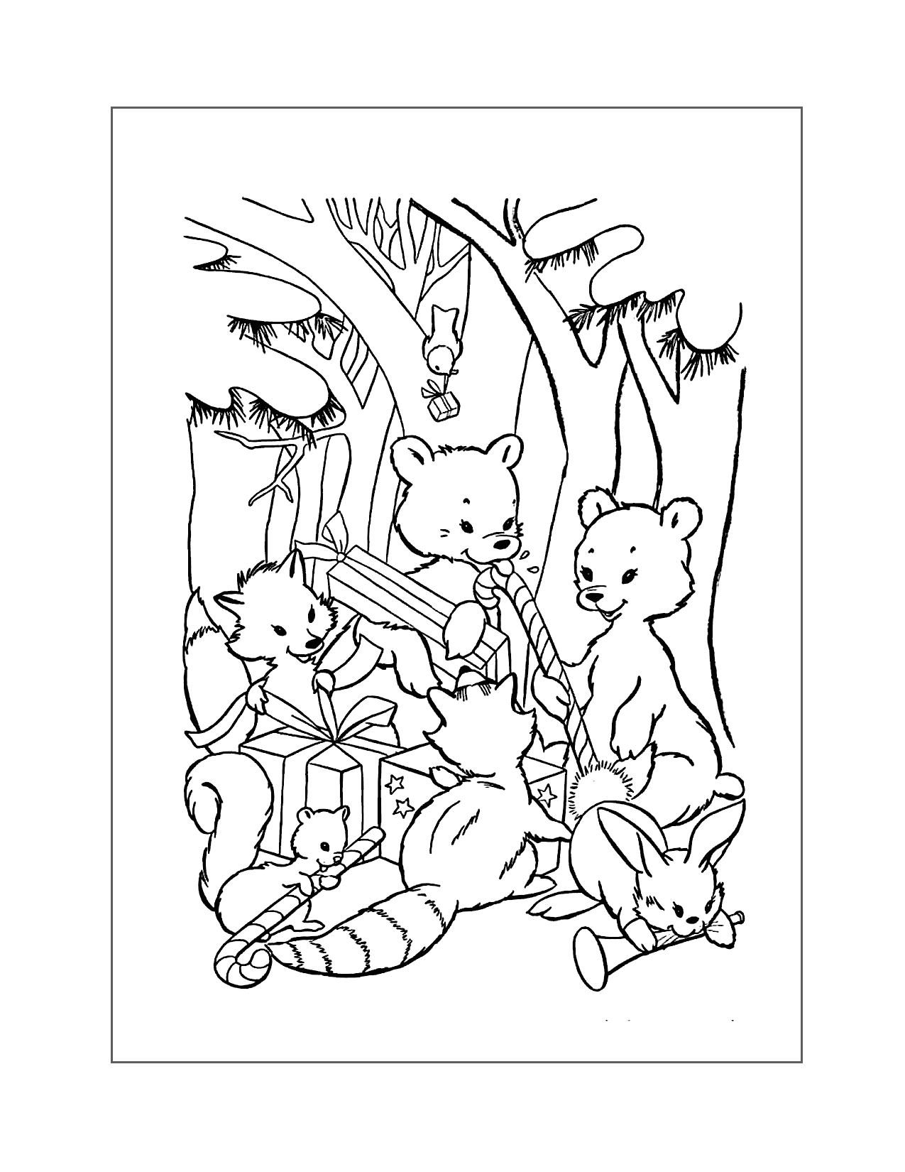 Animals In The Forest Enjoying Christmas Coloring Page