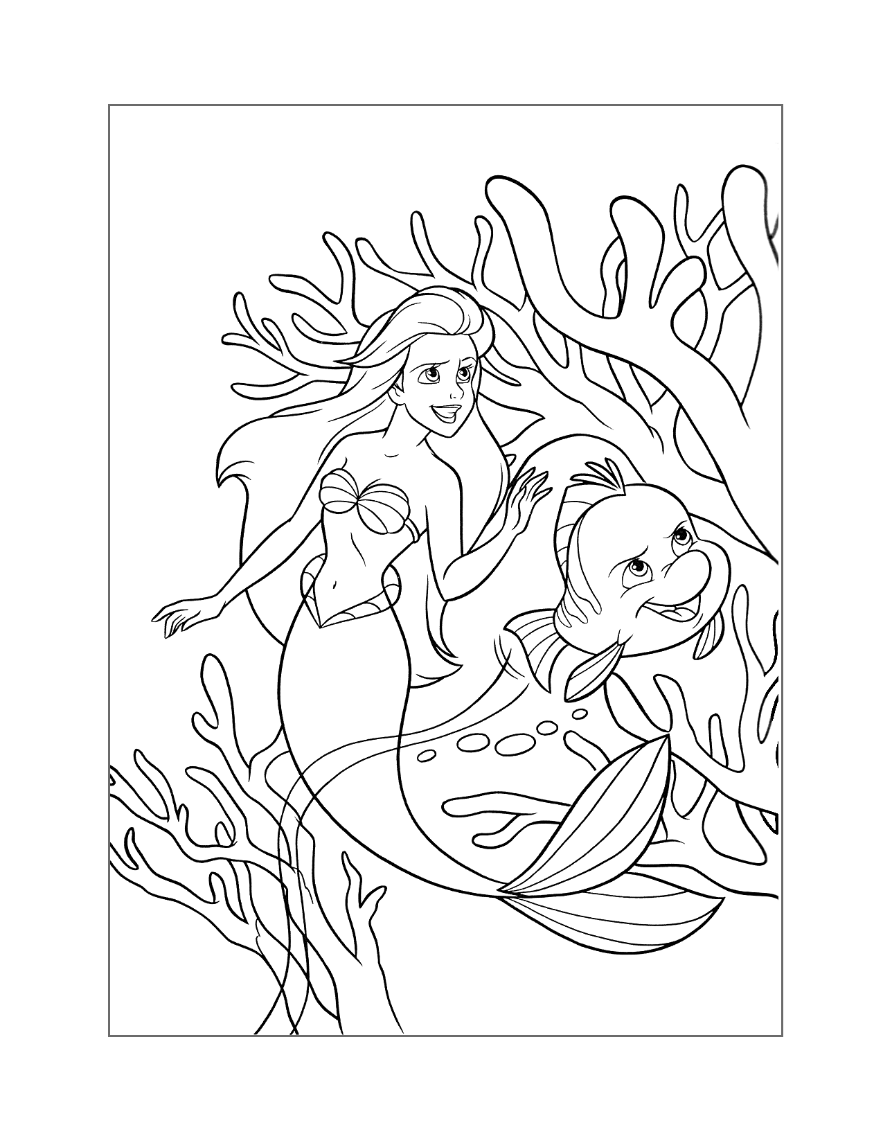 Ariel And Flounder Little Mermaid Coloring Page