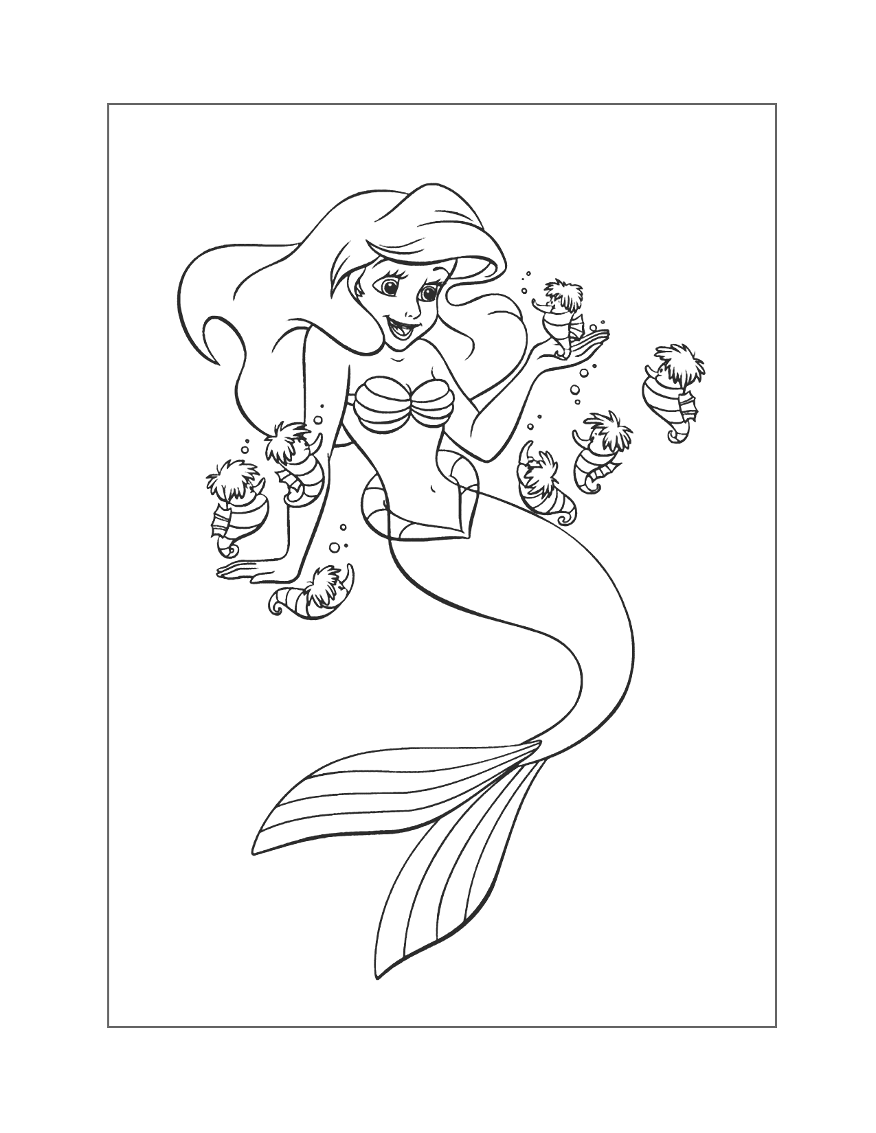 Ariel And Seahorses Coloring Page