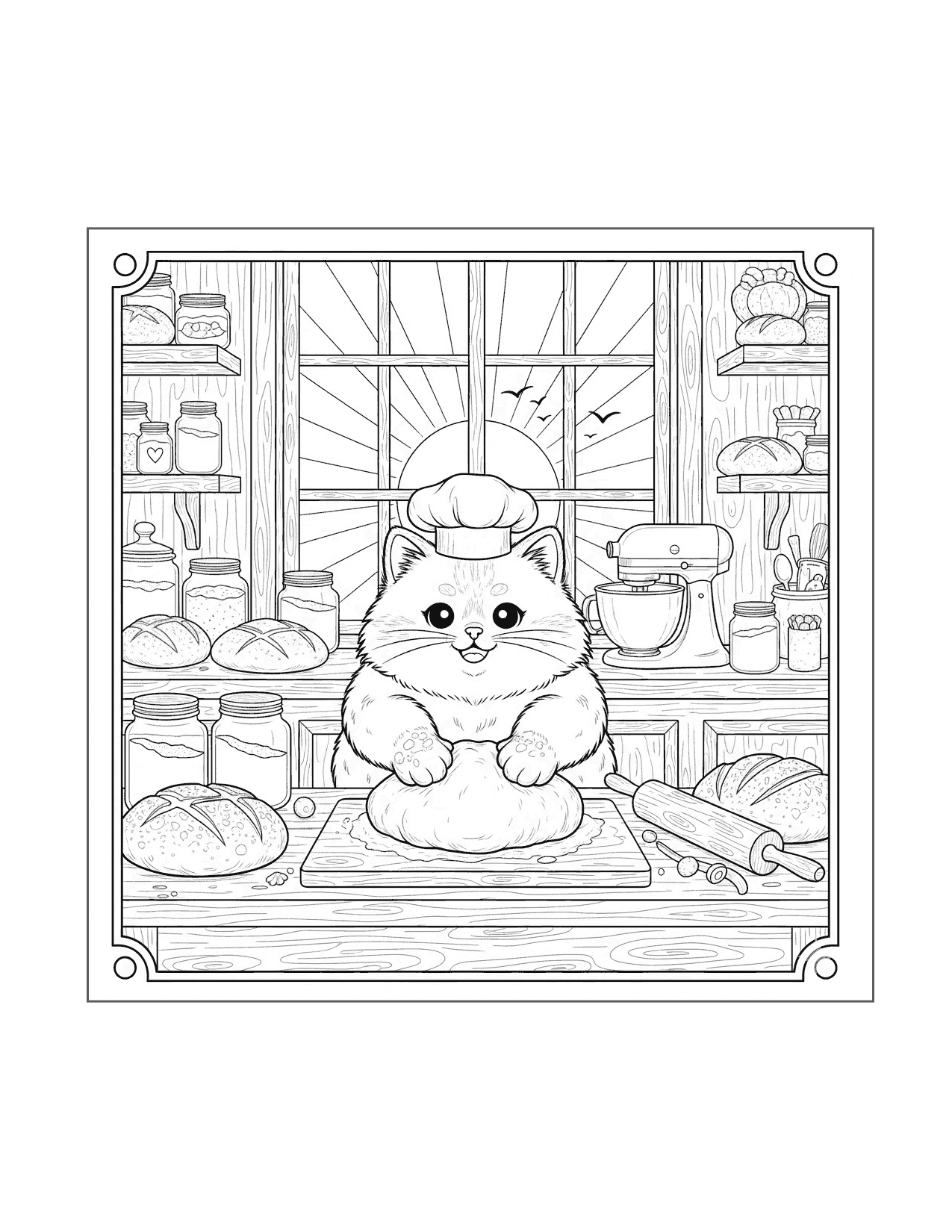 Baker Cat Kneading Bread Coloring Page