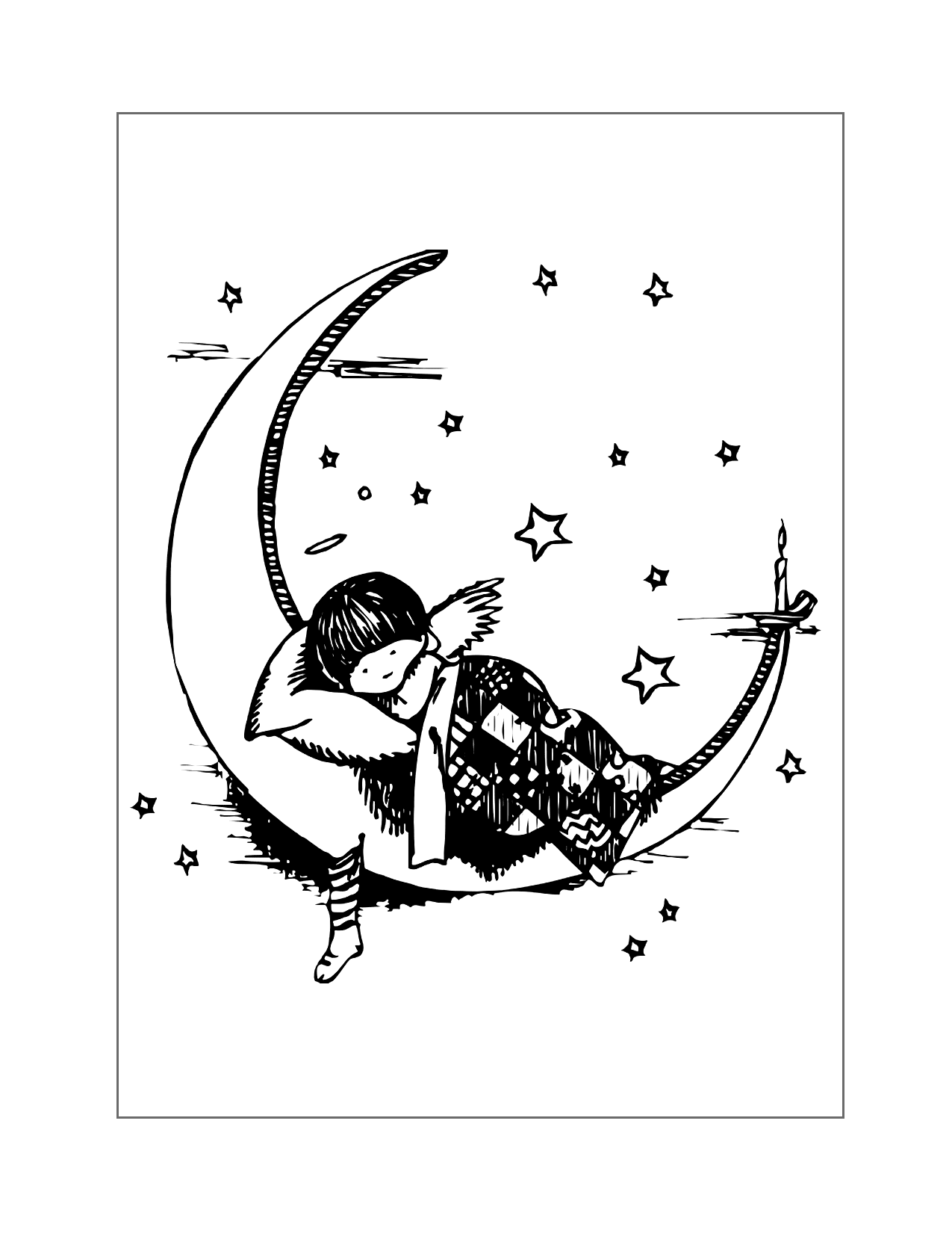 Baby Angel Sleeping On The Moon Coloring Page