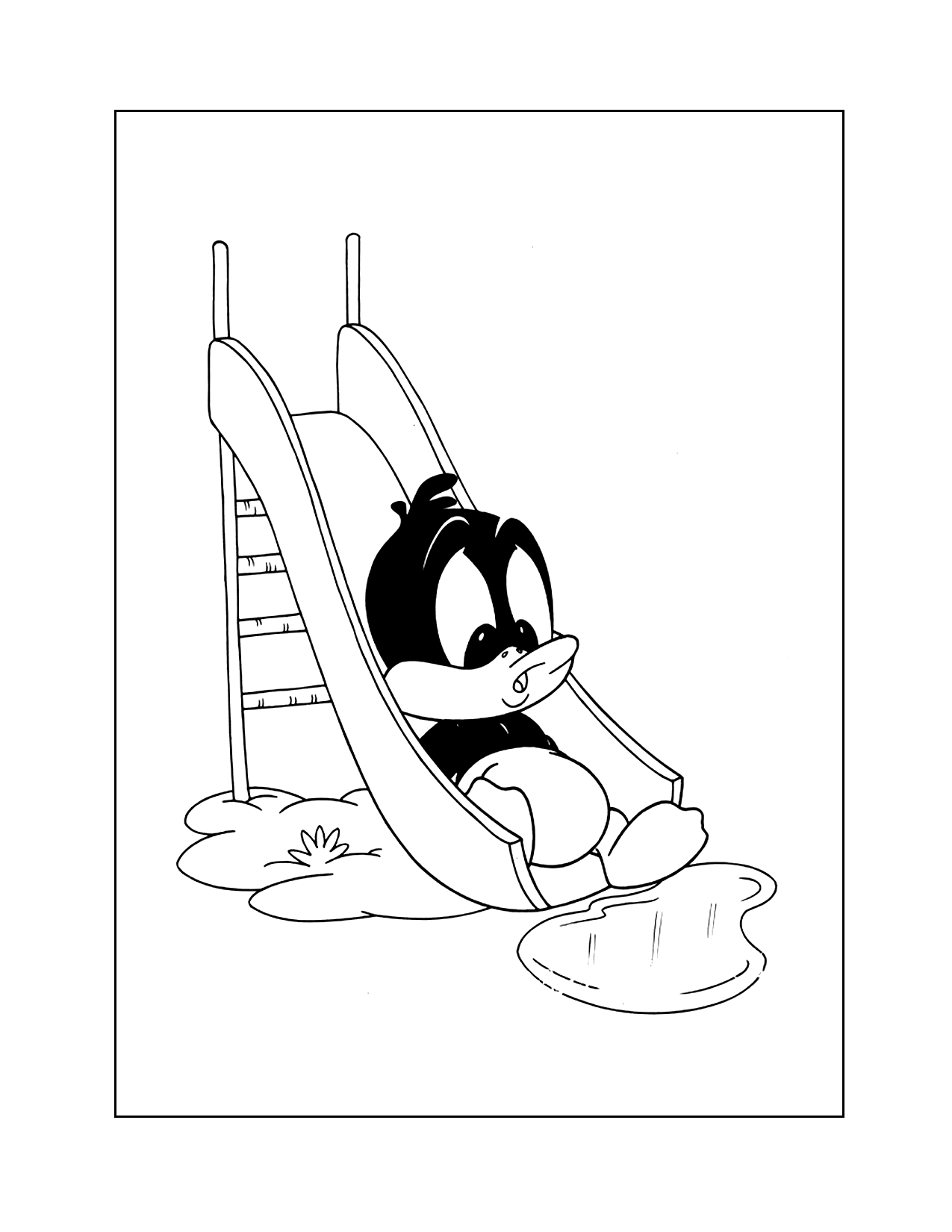 Baby Daffy Puddle Off Slide Coloring Page