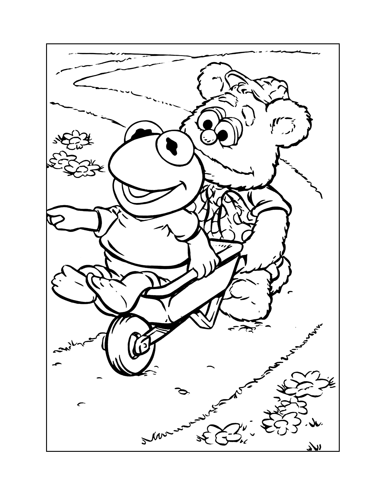 Baby Fozzi Pushing Kermit In A Wheelbarrel Coloring Page