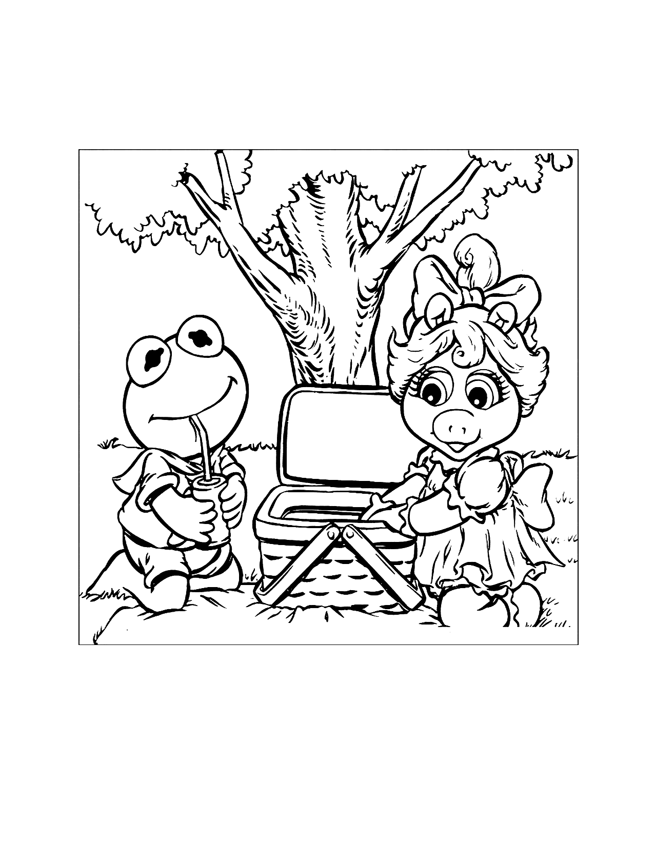 Baby Kermit And Miss Piggy Having A Picnic Coloring Page