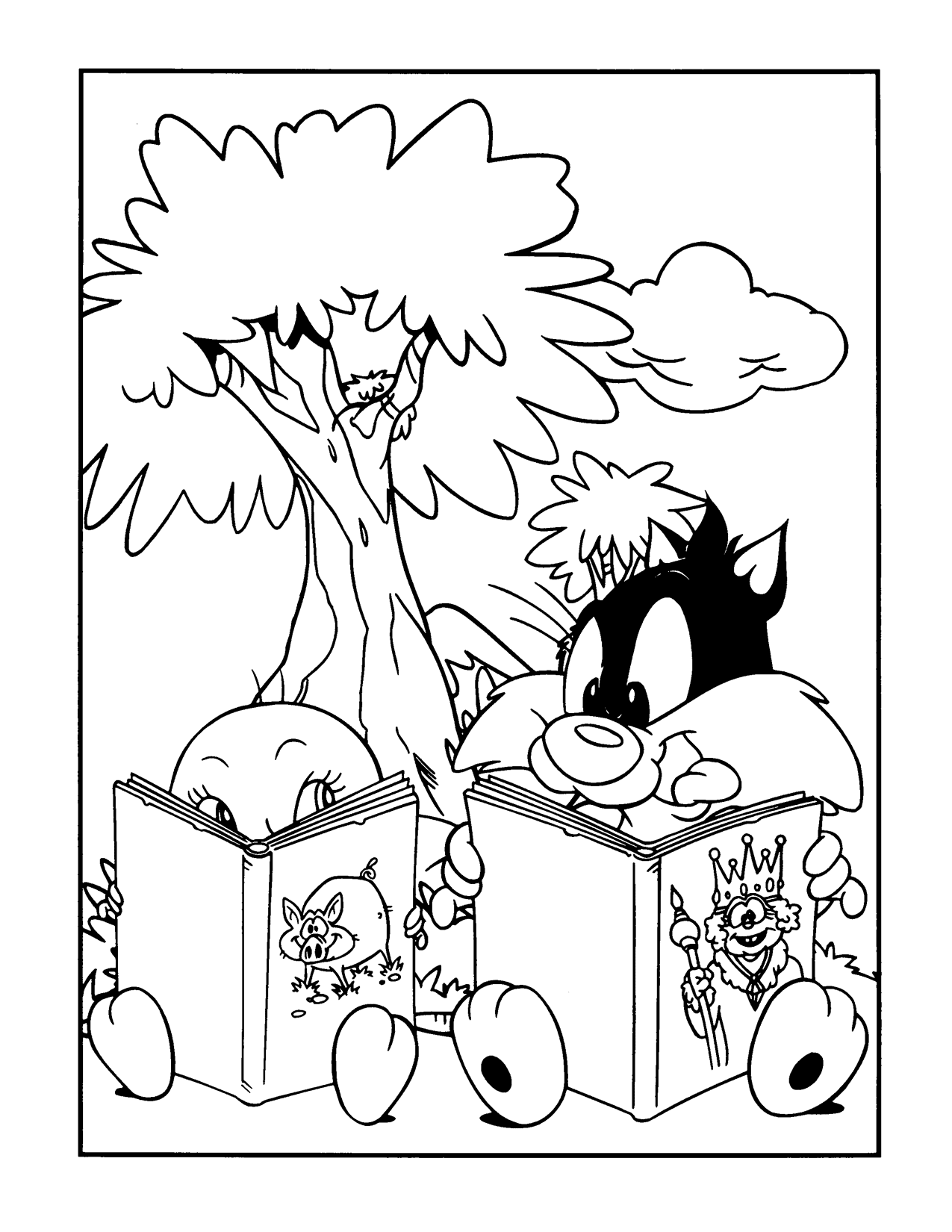 Baby Sylvester And Tweety Reading Coloring Page