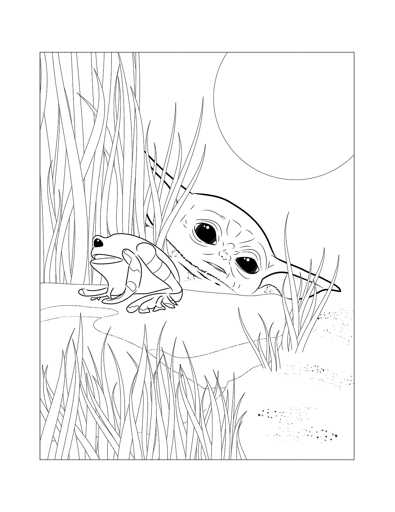 Baby Yoda Catching A Frog Coloring Page