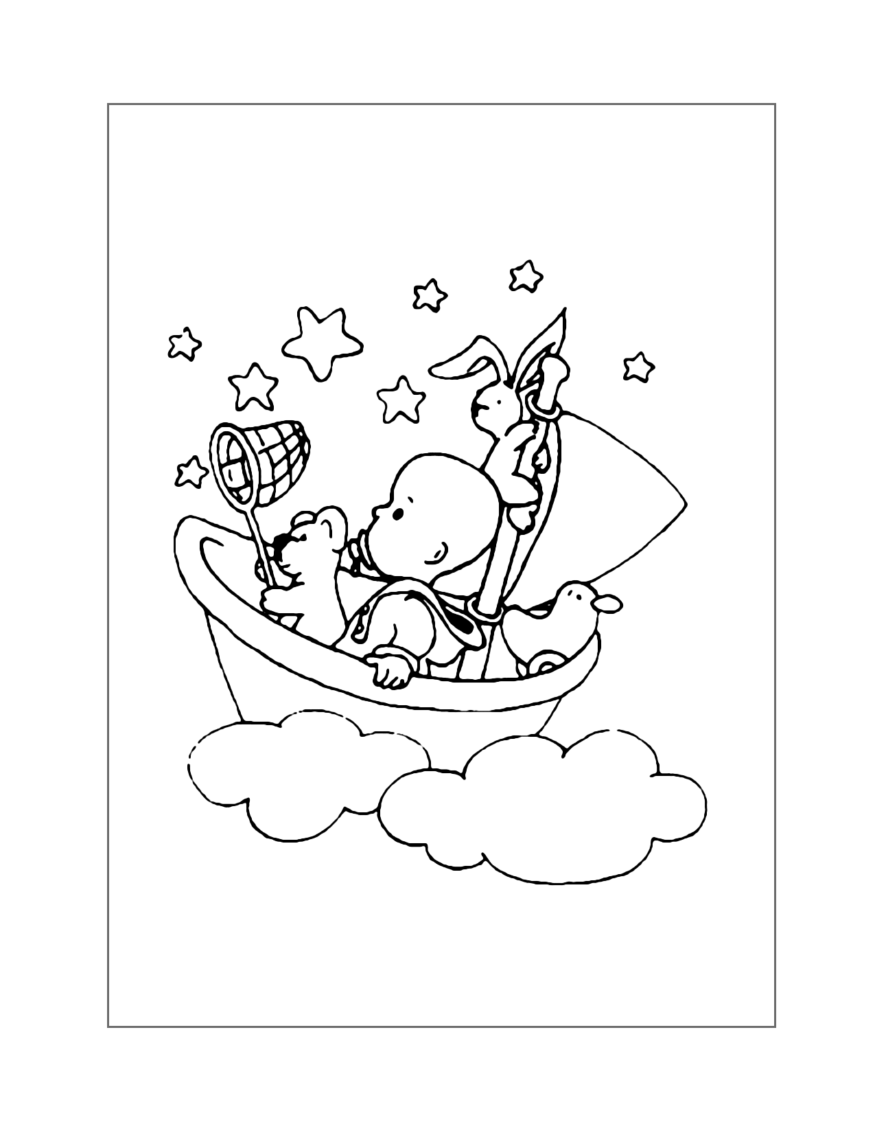 Baby In Bathtub Sailboat With Stuffed Animals Coloring Page