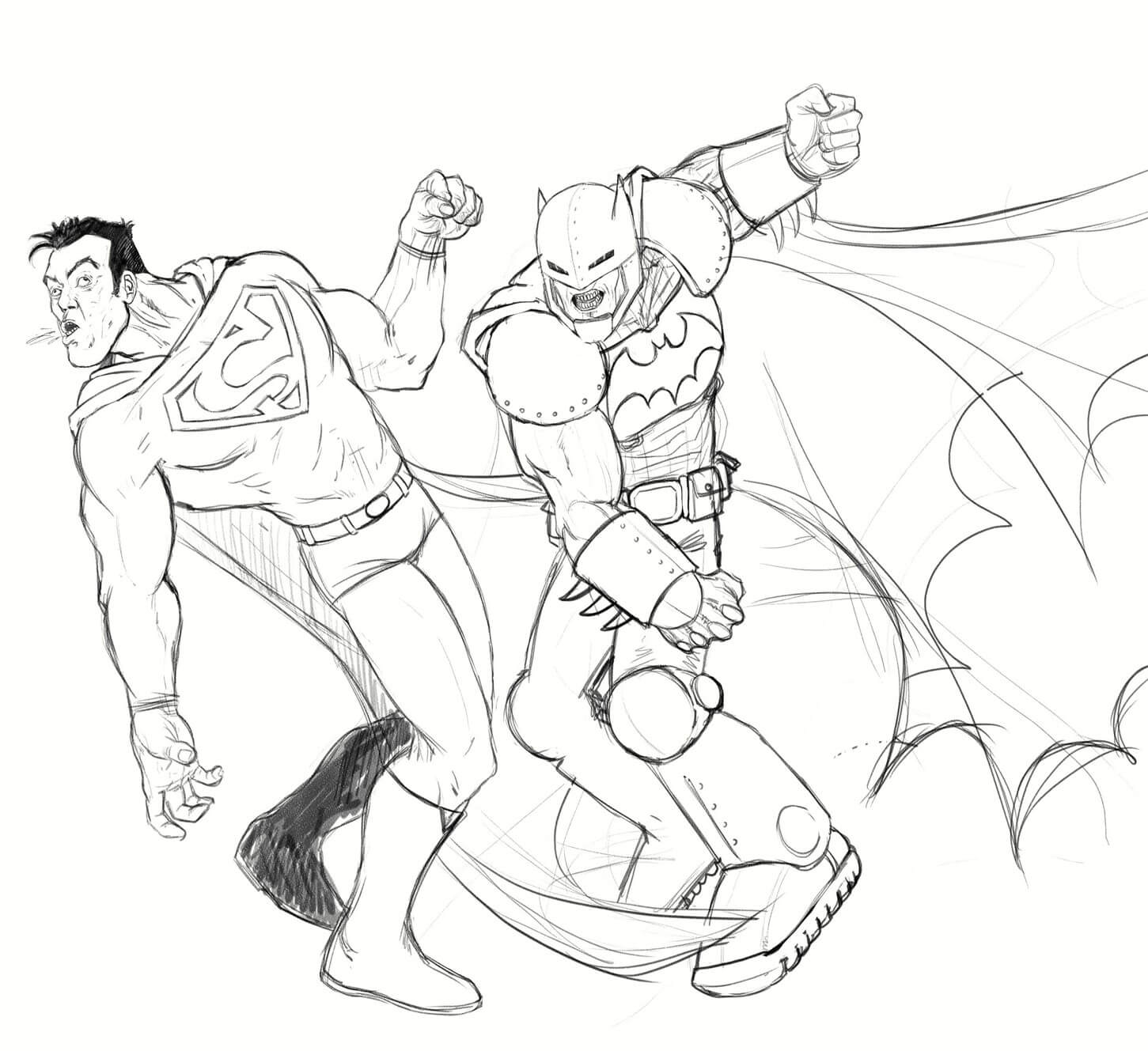 Batman Superman Fight Sketch Coloring Page