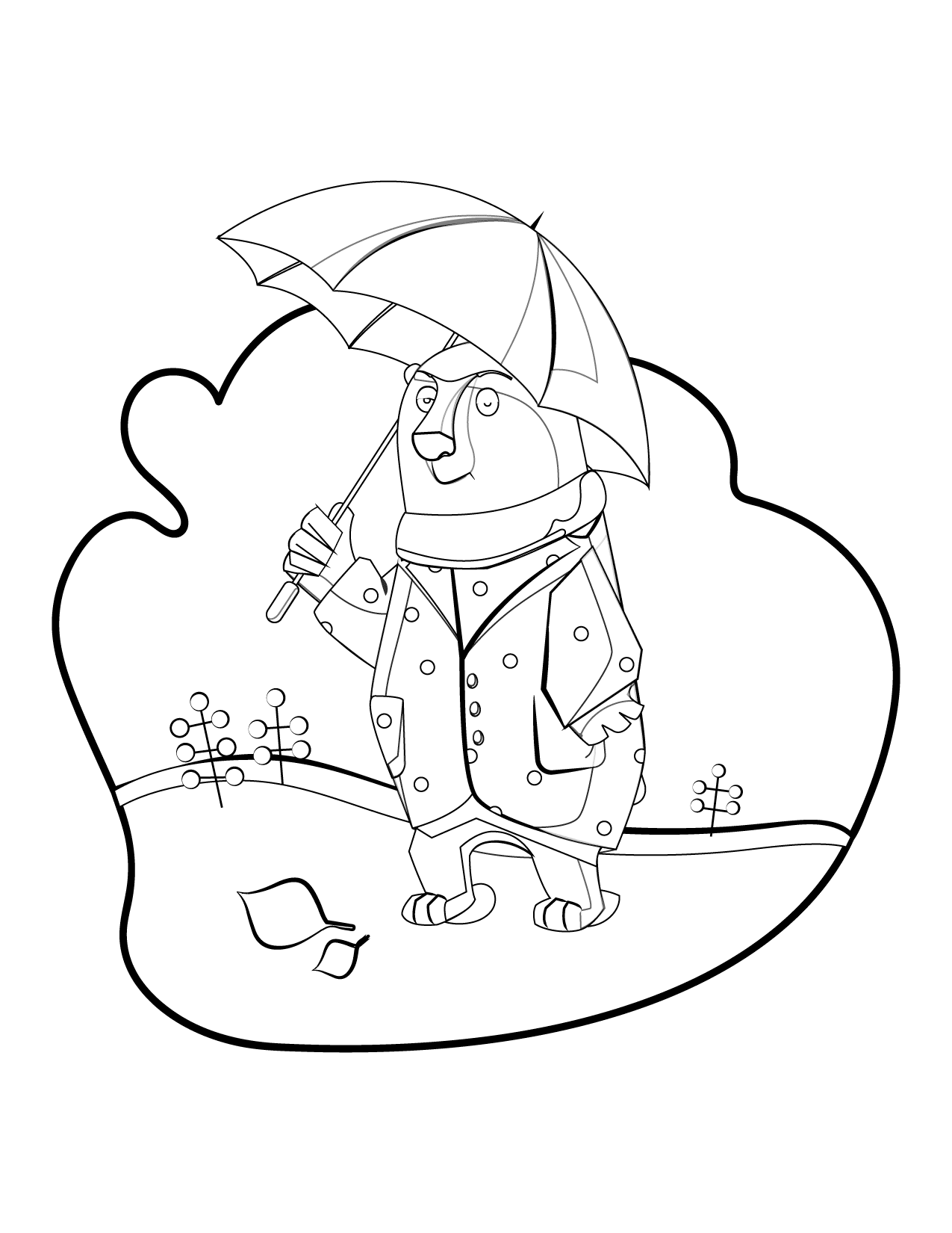 Bear With Umbrella In The Rain Coloring Page
