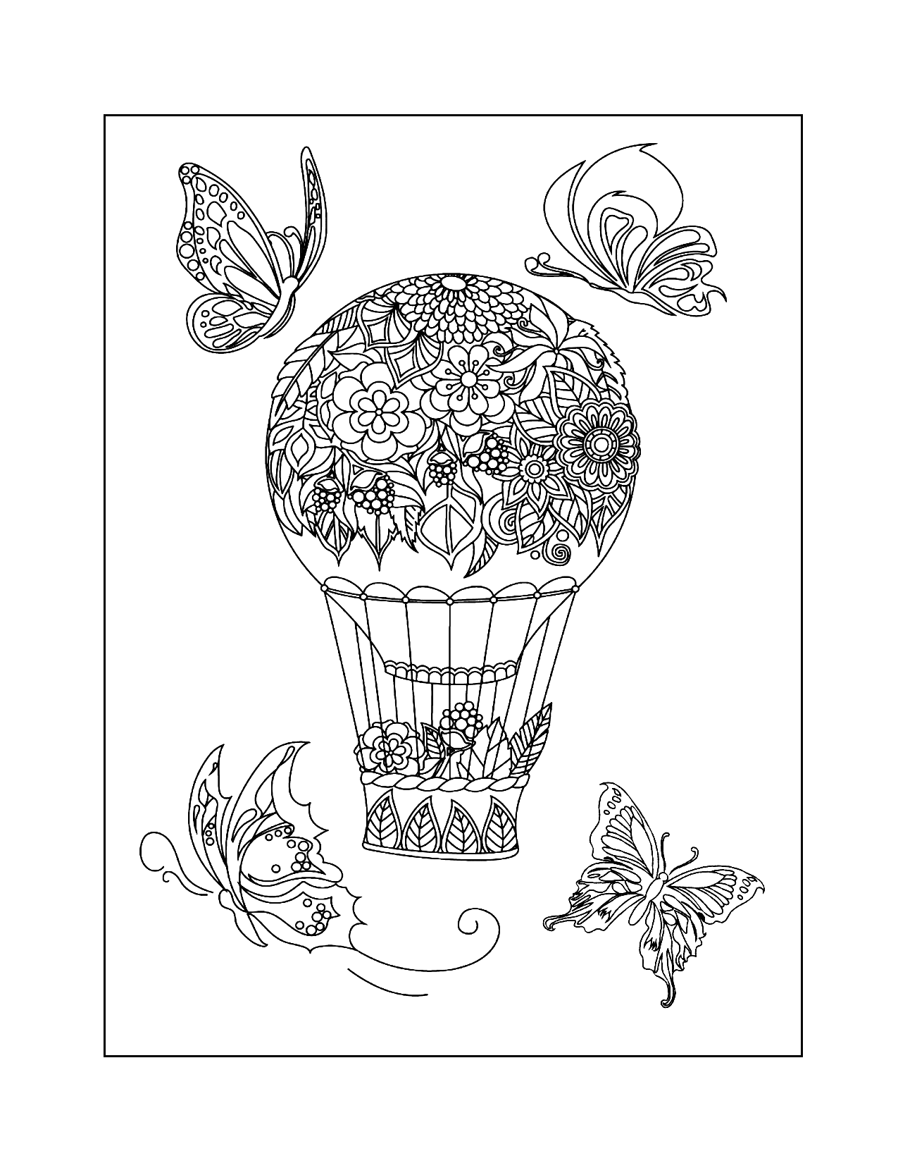 Beautiful Hot Air Balloon With Butterflies Coloring Page