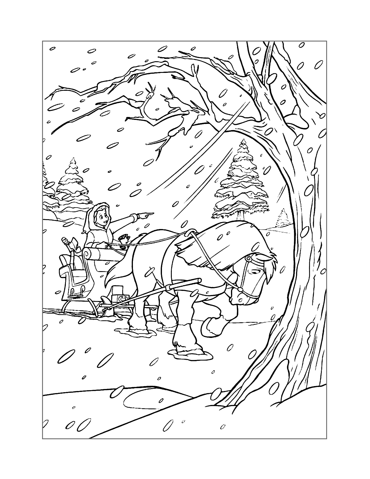 Belle Rides Through The Snow Coloring Page