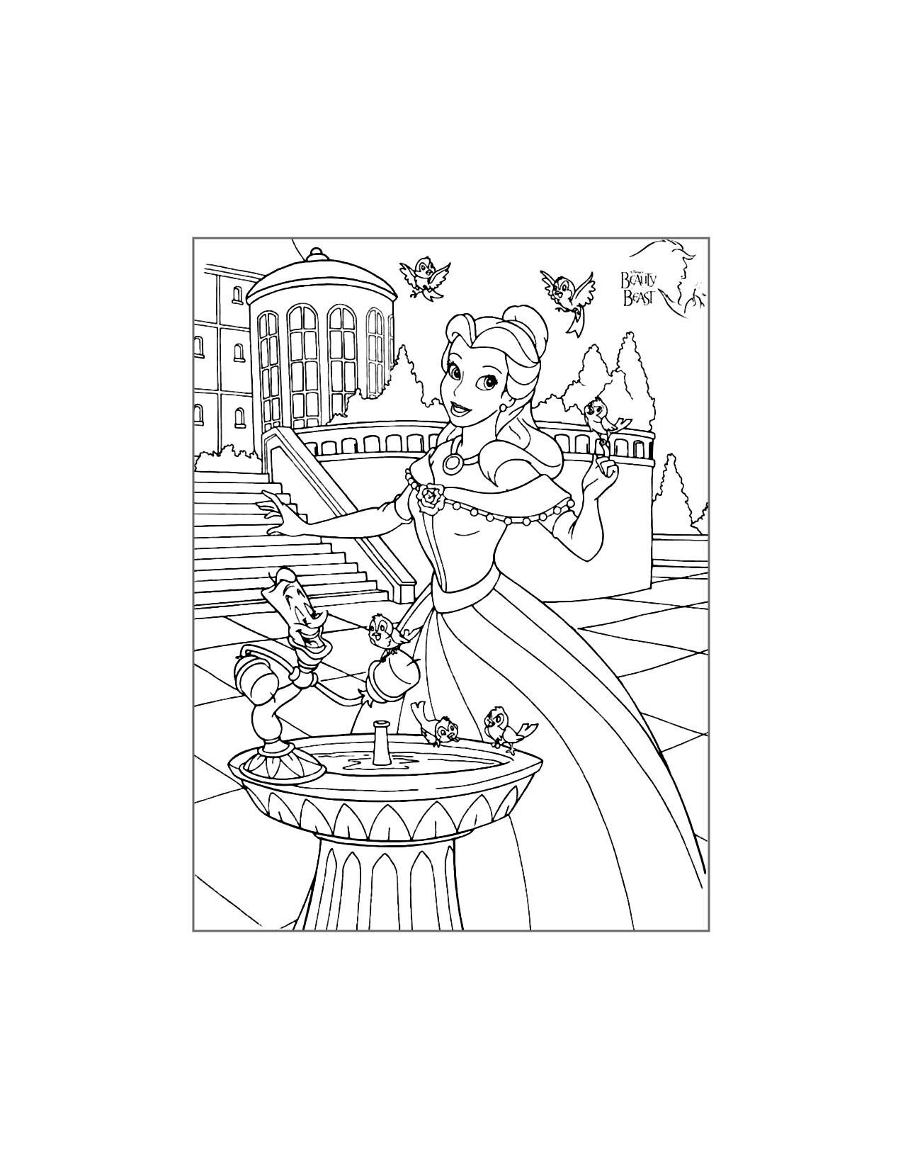 Belle And Lumiere At The Birdbath Coloring Page
