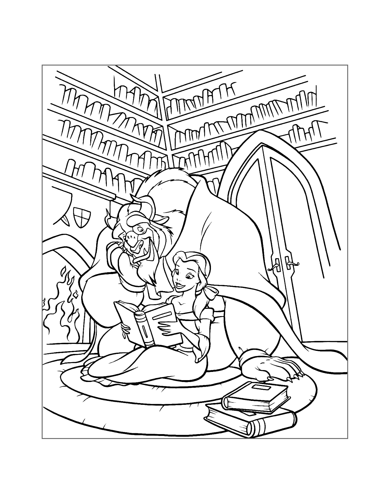 Belle And The Beast Reading Coloring Page