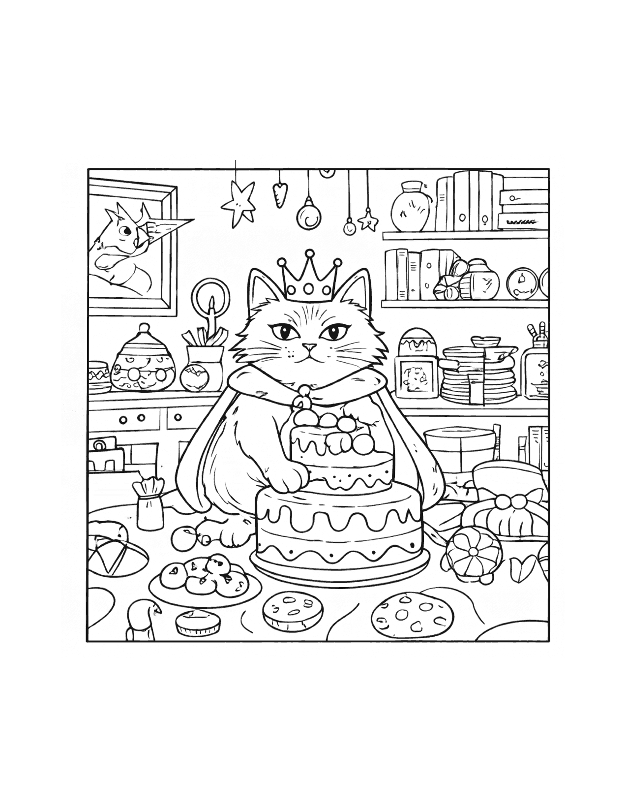 Birthday King Cat Coloring Page