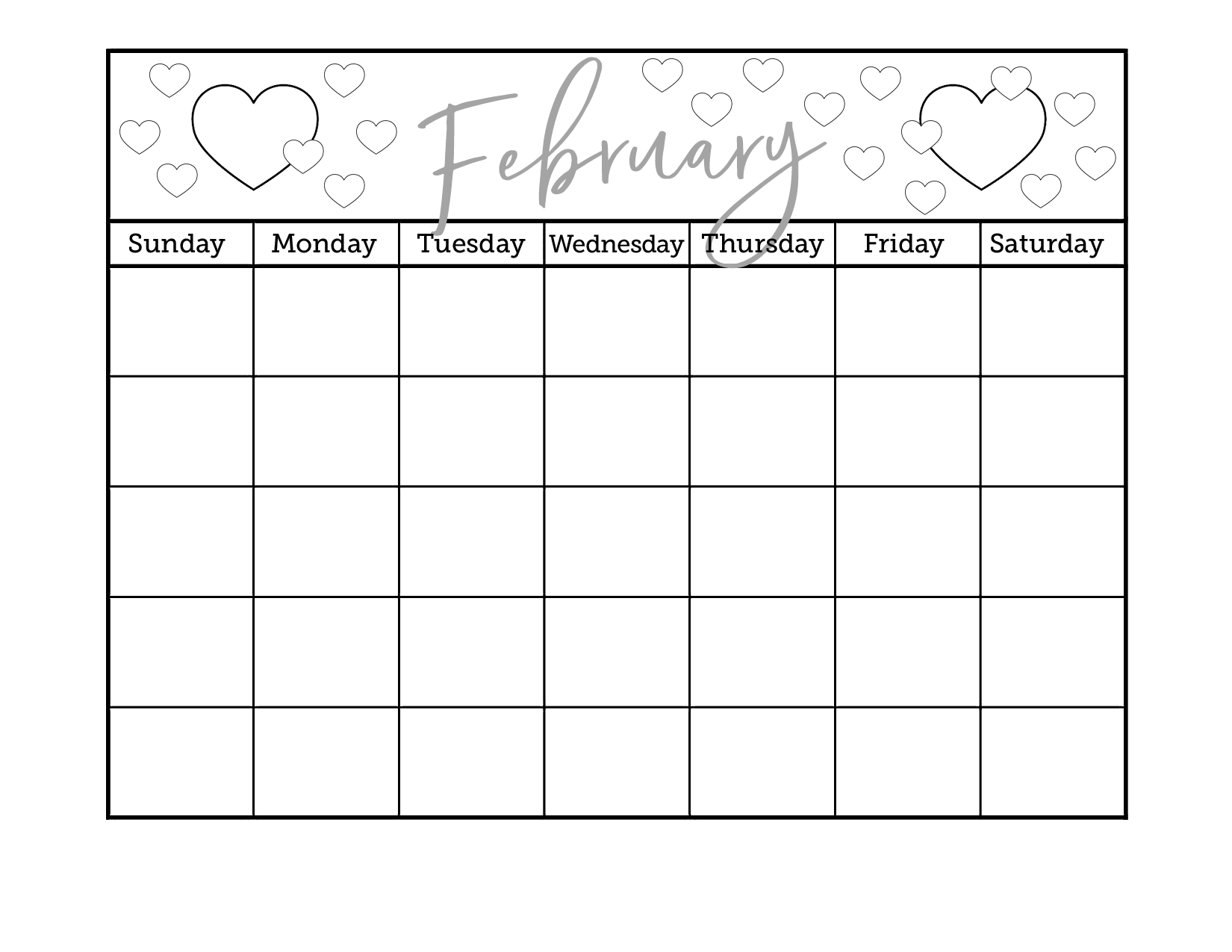 Blank February Calendar Printable Sheet