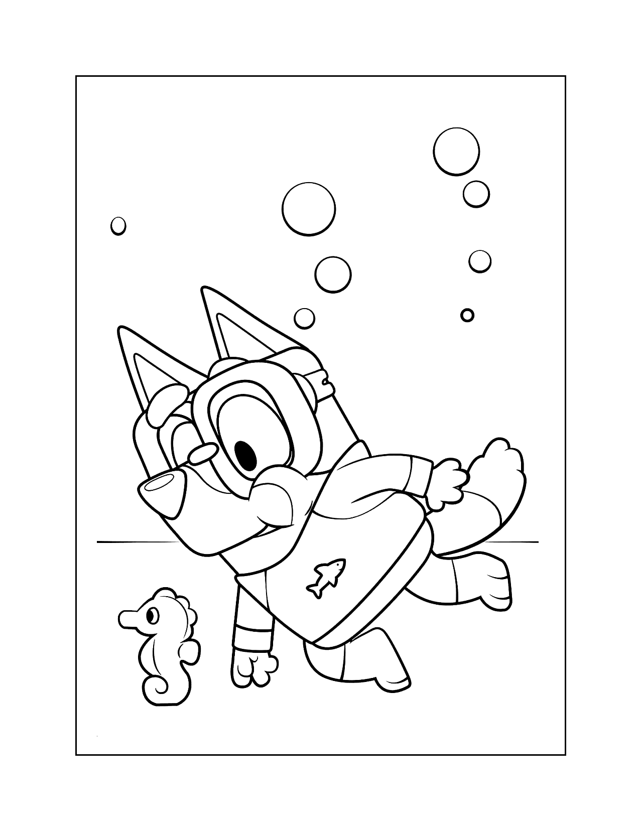 Bluey Swimming Under Water Diving Coloring Page