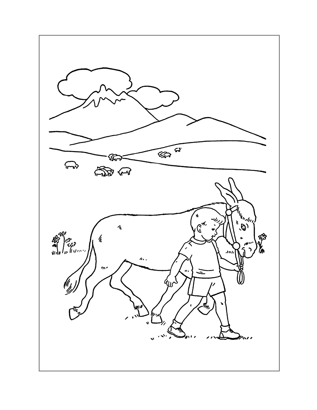Boy Walking Donkey Coloring Page
