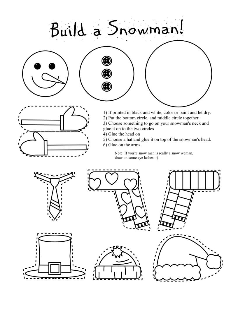 Build a Snowman Coloring Cut out Page Activity