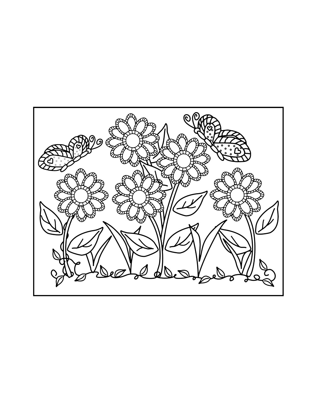 Butteflies And Flowers Coloring Page