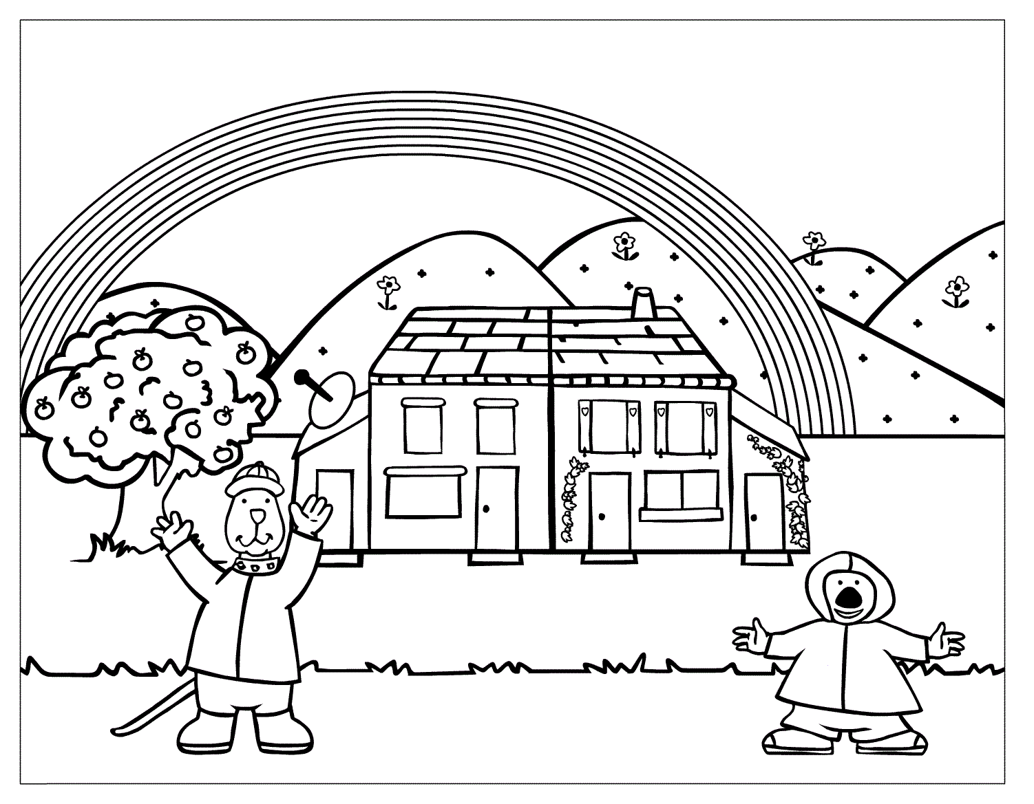 Cartoon Animal Home With Rainbow Coloring Page
