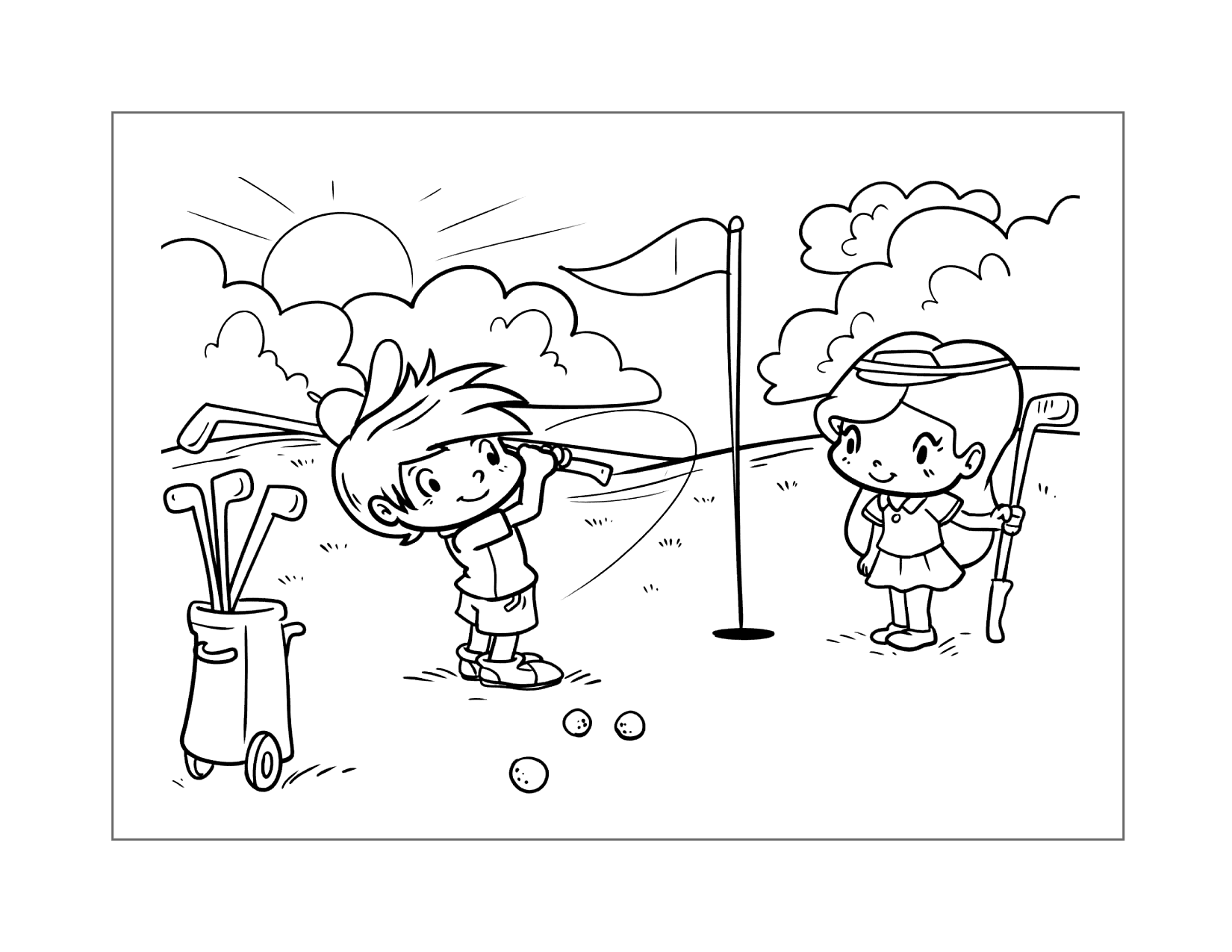 Cartoon Children Playing Golf Coloring Page