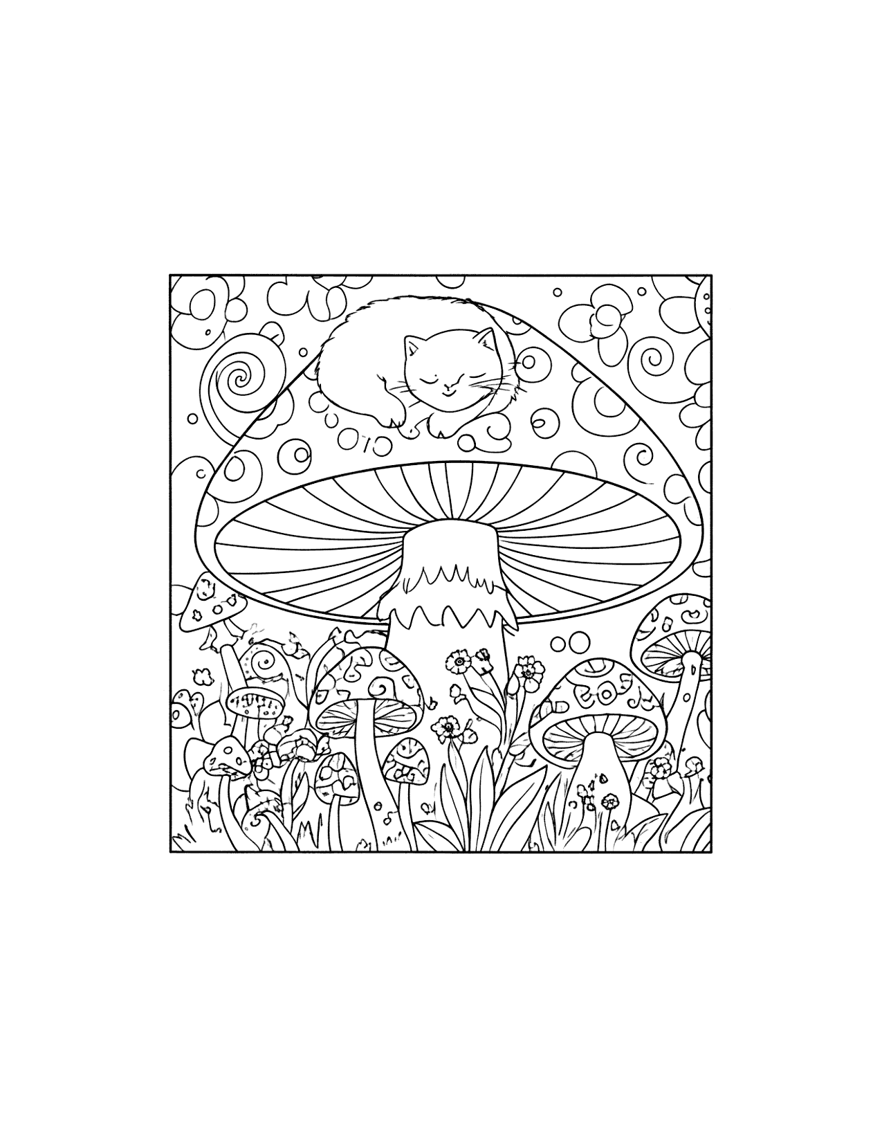 Cat Nap On A Mushroom Coloring Page