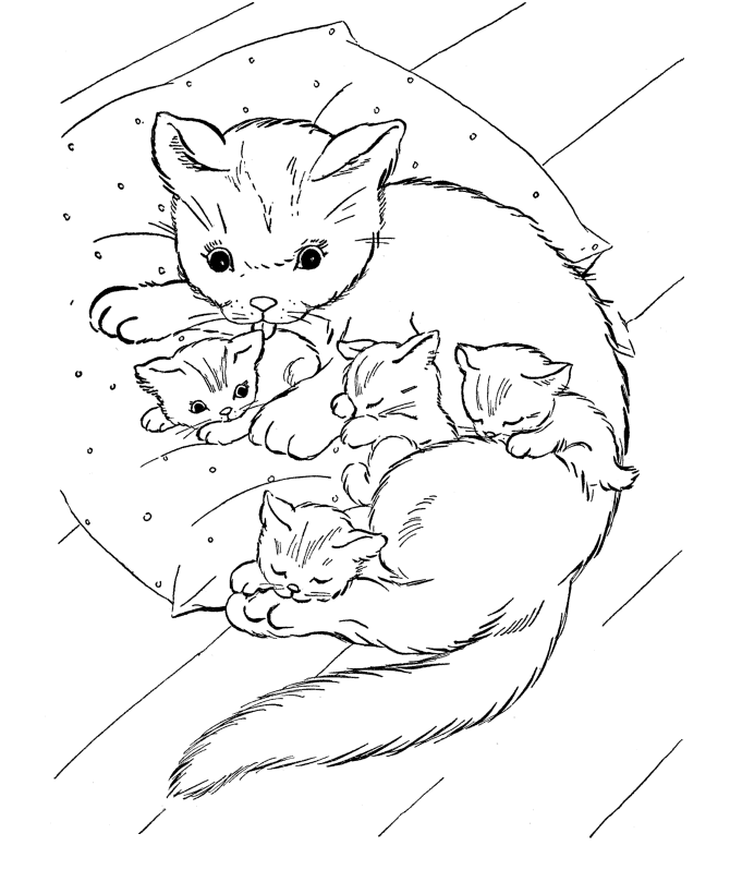 Cat With Kittens Animal Coloring Pages