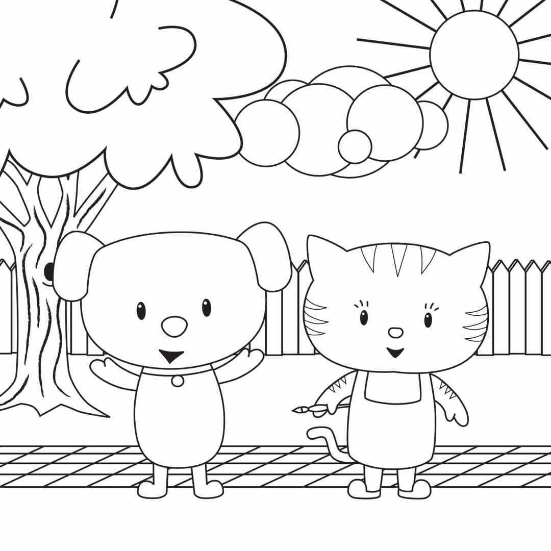 Cat And Dog Cartoon Coloring Page