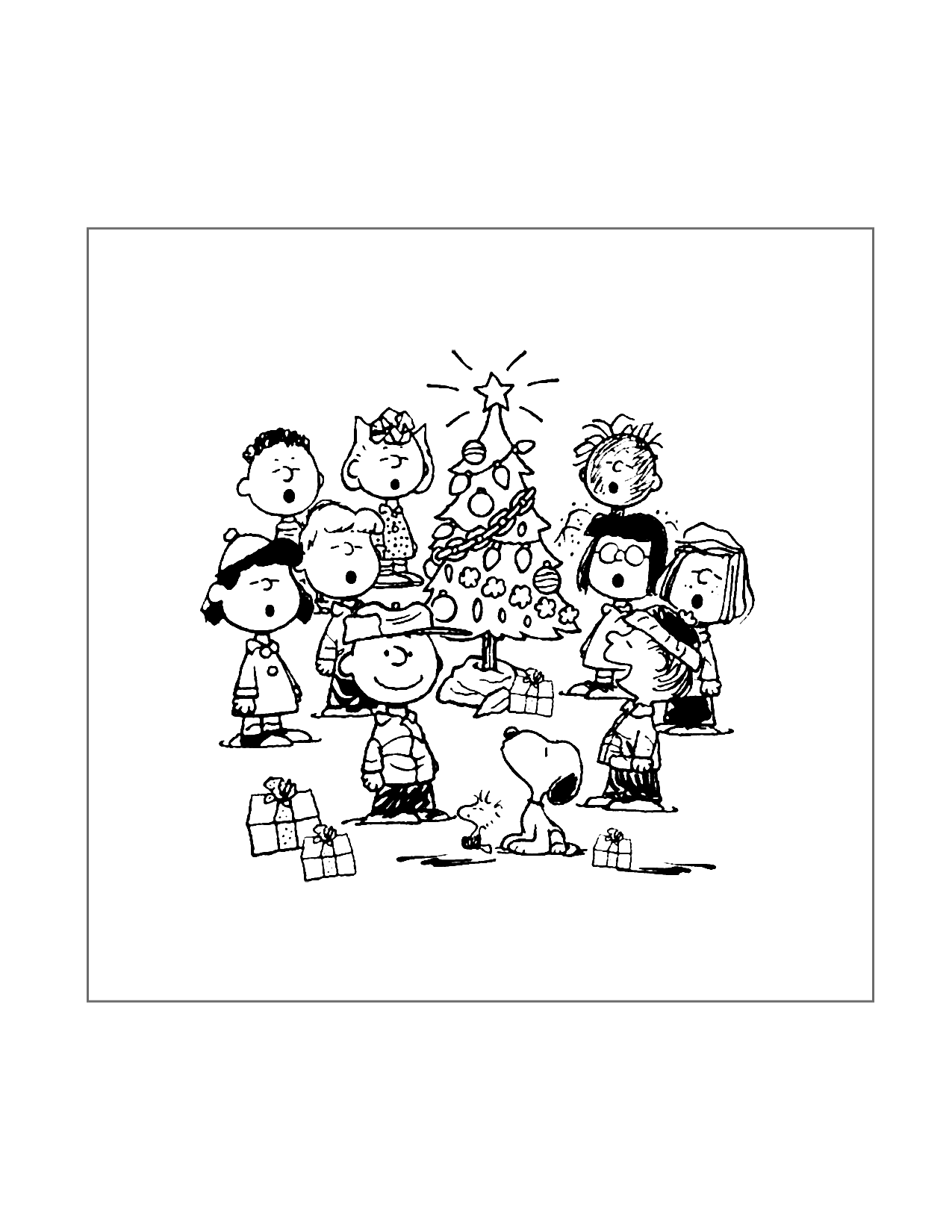 Charlie Brown Characters Singing Christmas Carols Coloring Page