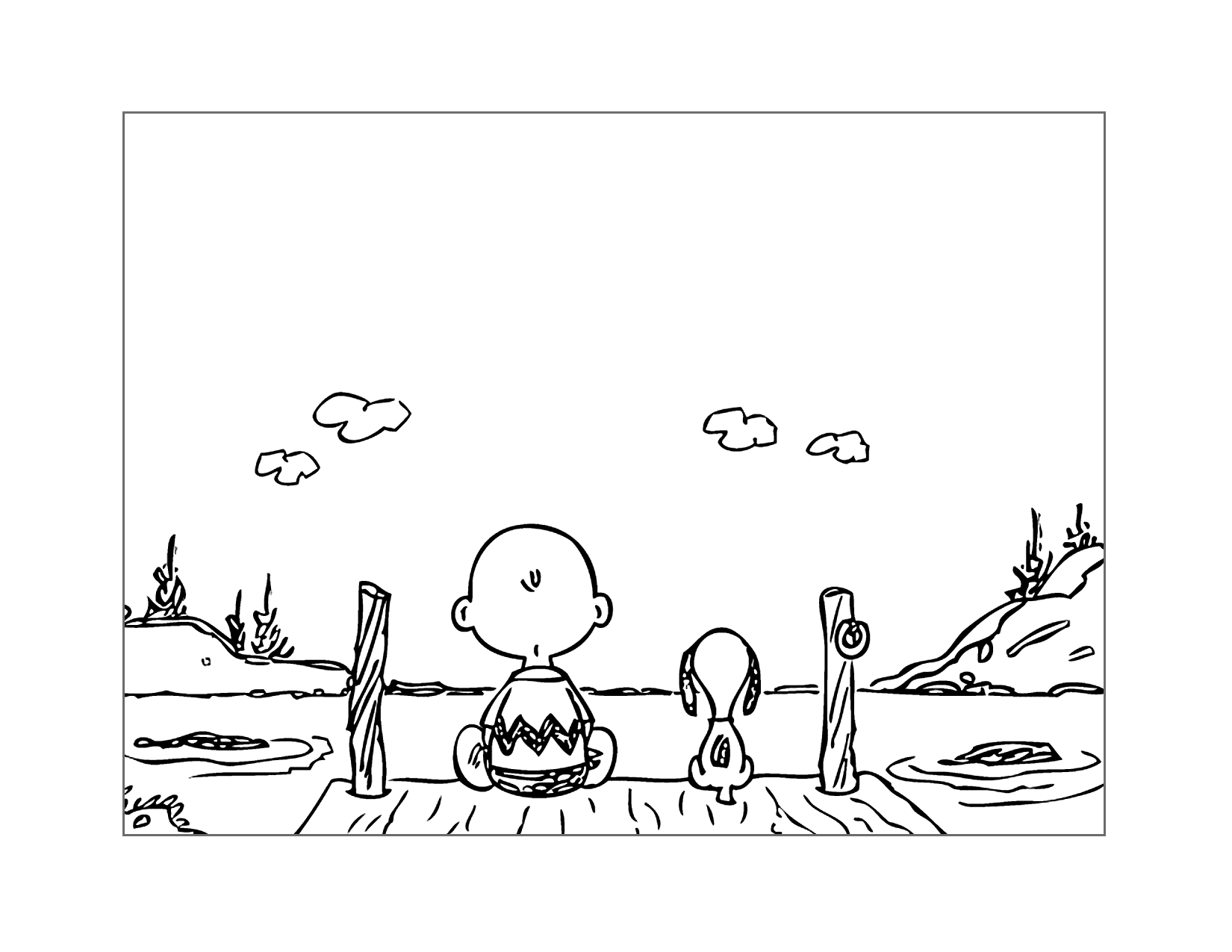Charlie Brown And Snoopy Sitting On A Dock Coloring Page