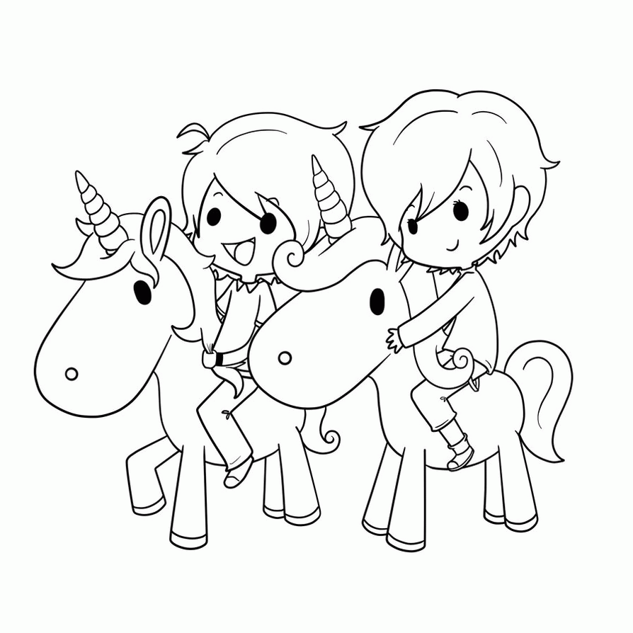 Chibi Kids Riding Unicorns Coloring Page