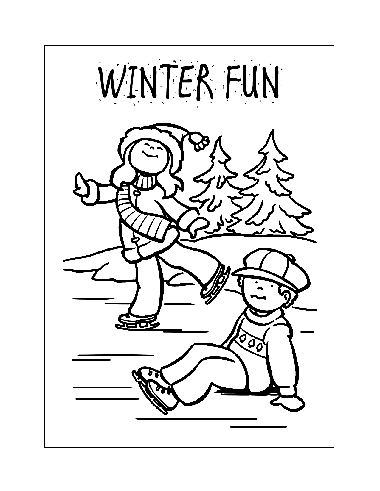 Children Ice Skating Winter Fun Coloring Page