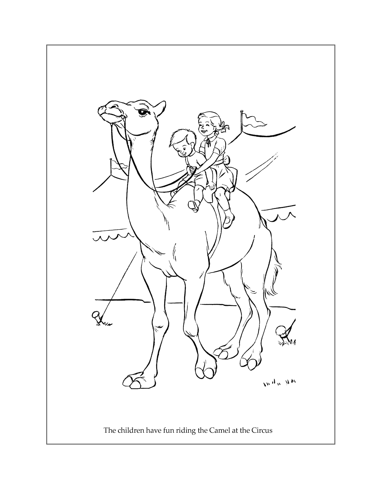 Children Ride The Camel At The Circus Coloring Page
