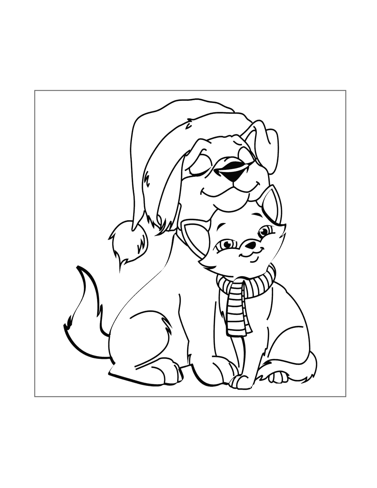 Christmas Cat And Dog Snuggle Coloring Page