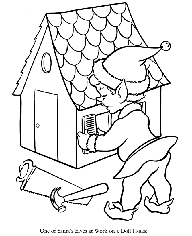 Christmas Elf Making Dollhouse Coloring Page
