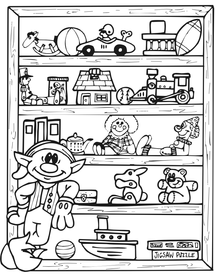 Christmas Elf and Toys Coloring Page