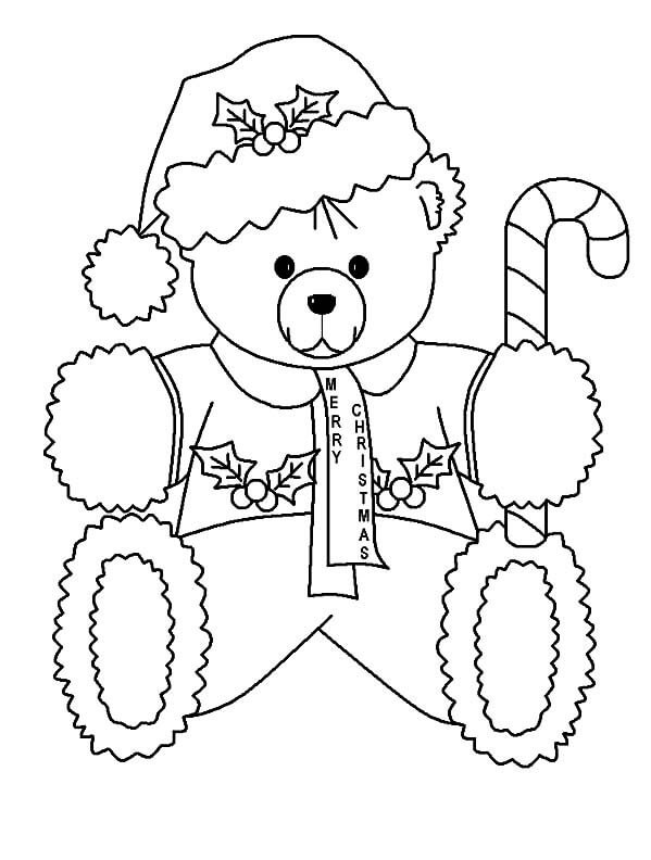 Christmas Ted With Candy Cane Coloring Page