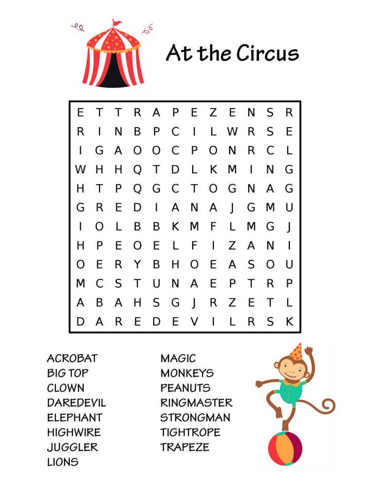 Circus Word Search for Kids