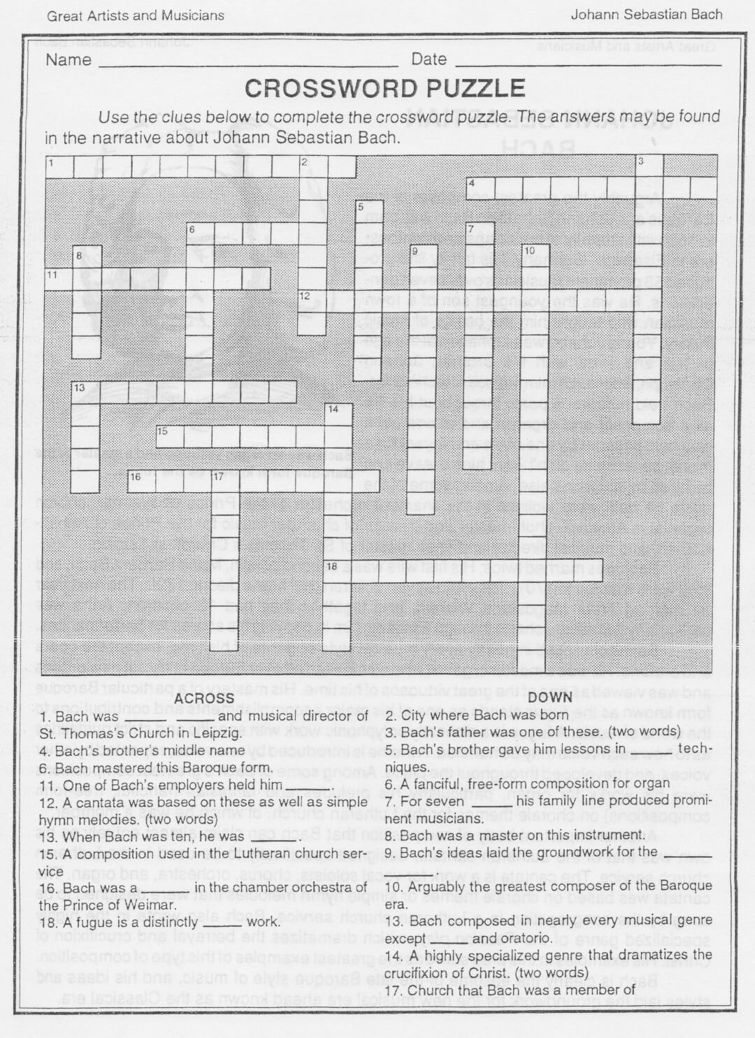 Classical Bach Music Crossword Puzzle
